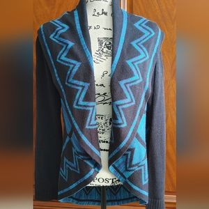 New Directions shawl collar sweater, black and turquoise, size M